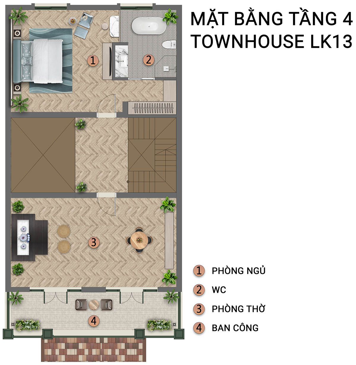 Mặt bằng tầng 4 liền kề Townhouse LK13 (160m2) Sun Urban City