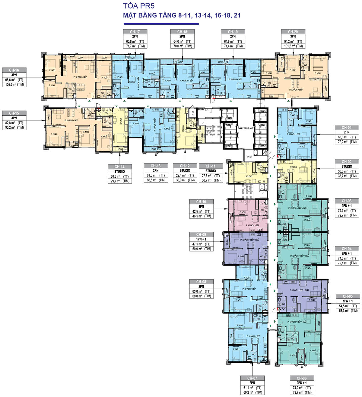 Mặt bằng tầng 8-11, 13-14, 16-18, 21 Tòa PR5 The Paris Vinhomes Ocean Park 1