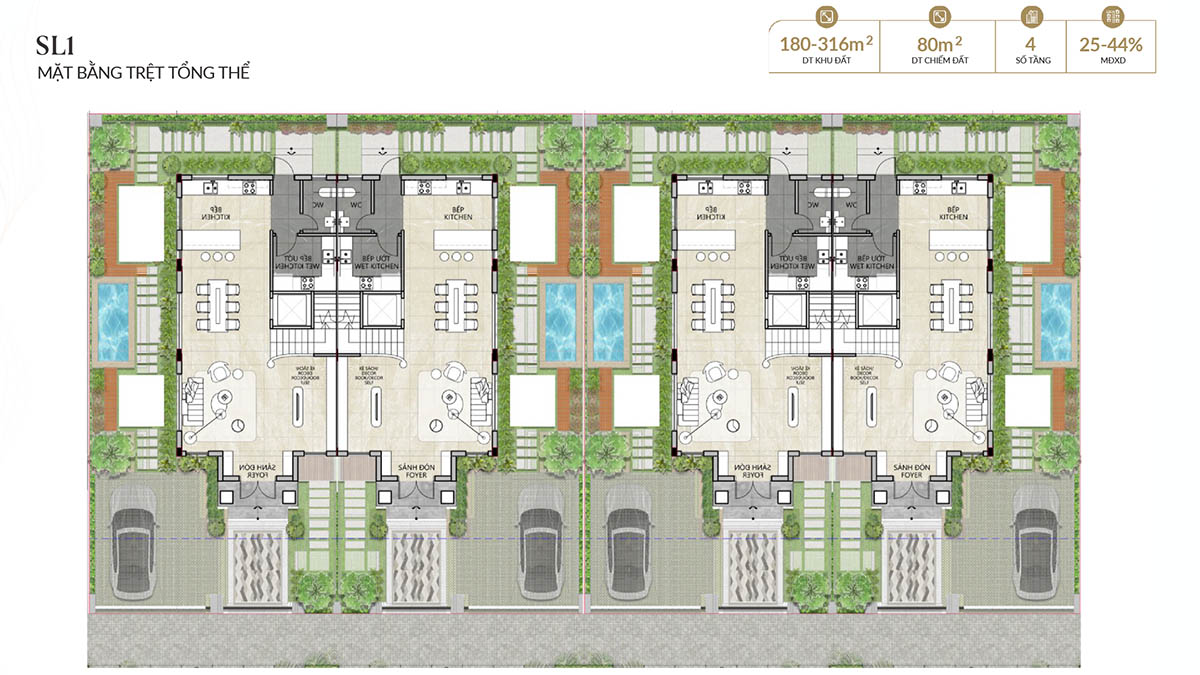Mặt bằng triệt Biệt thự Song lập SL1 Alluvia City