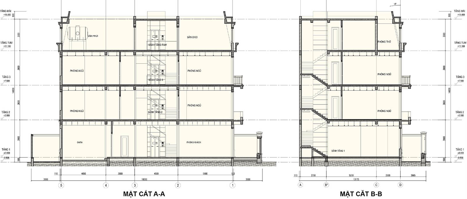 Mặt cắt A-A & B-B biệt thự khu B Q01-L17
