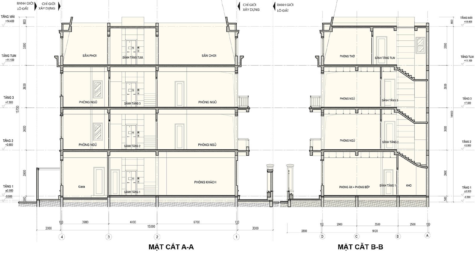 Mặt cắt A-A & B-B biệt thự khu B Q02-L36