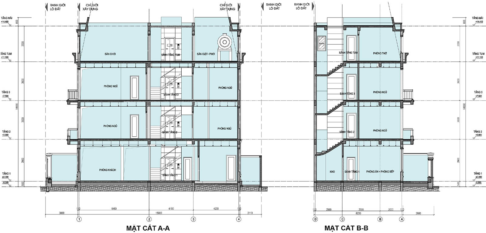 Mặt cắt A-A & B-B biệt thự khu B Q03-L01