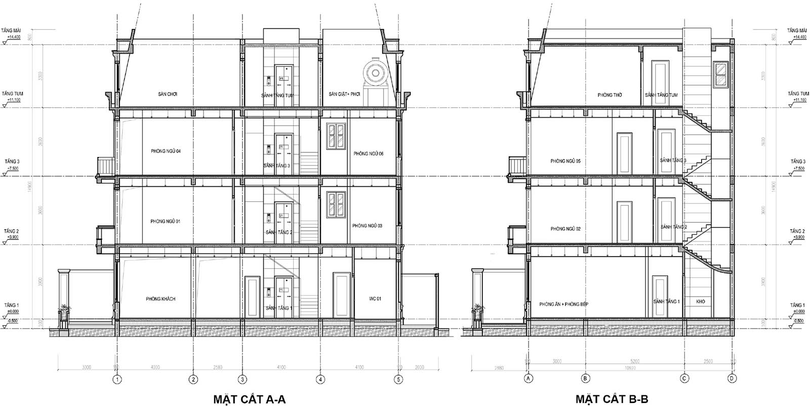 Mặt cắt A-A & B-B biệt thự khu B Q04-L01