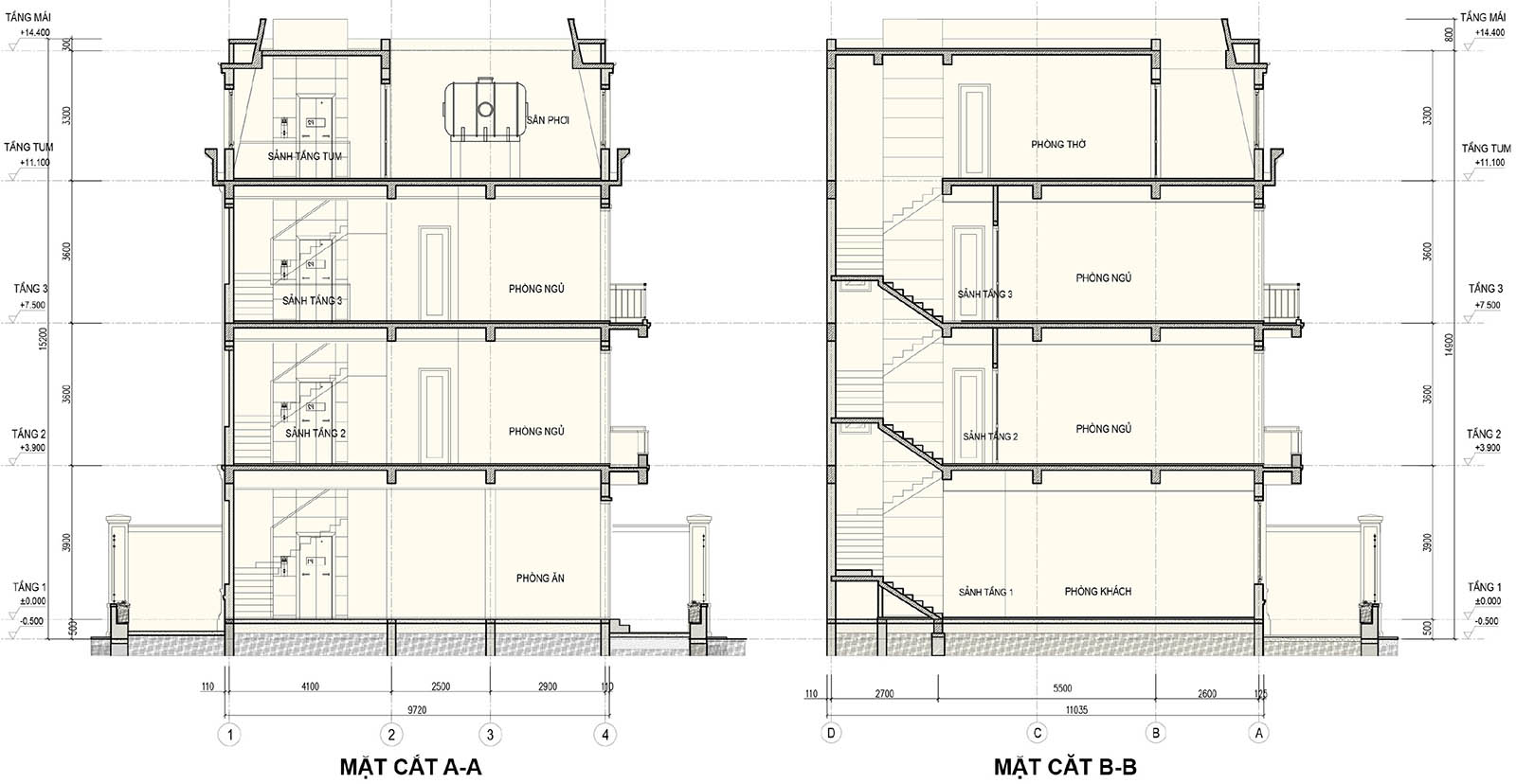 Mặt cắt A-A & B-B biệt thự khu B R03-L01
