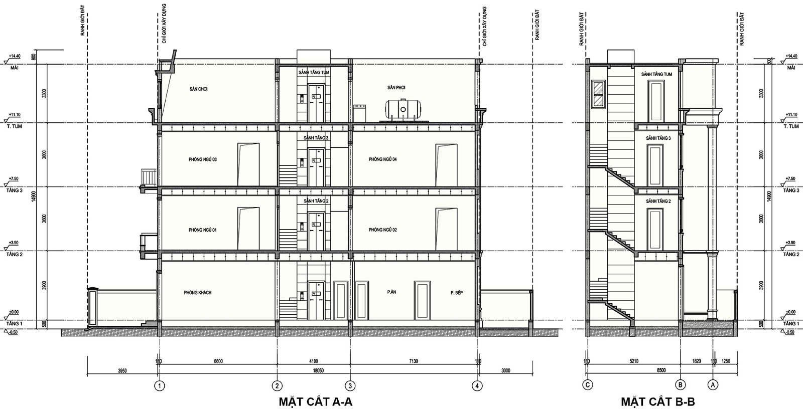 Mặt cắt A-A & B-B biệt thự khu B S01-L27