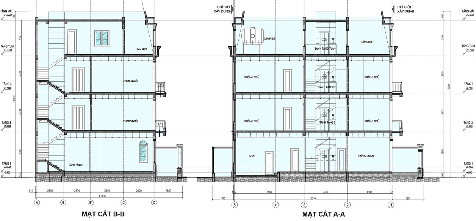 Mặt cắt B-B & A-A biệt thự khu B P01-L14