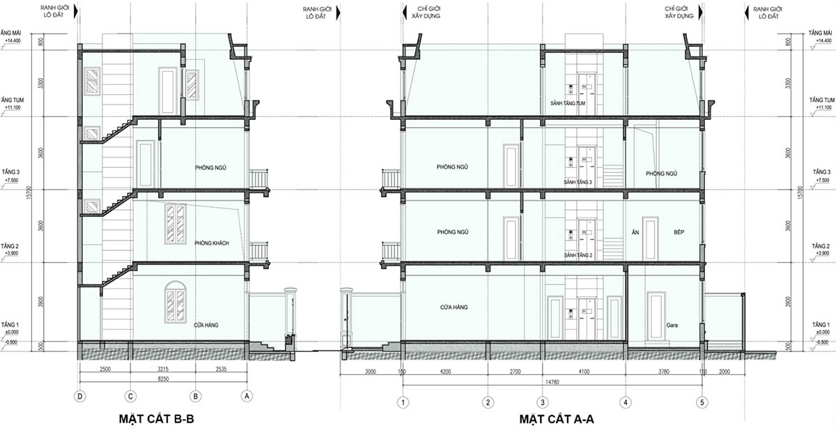 Mặt cắt B-B & A-A biệt thự khu B R02-L01