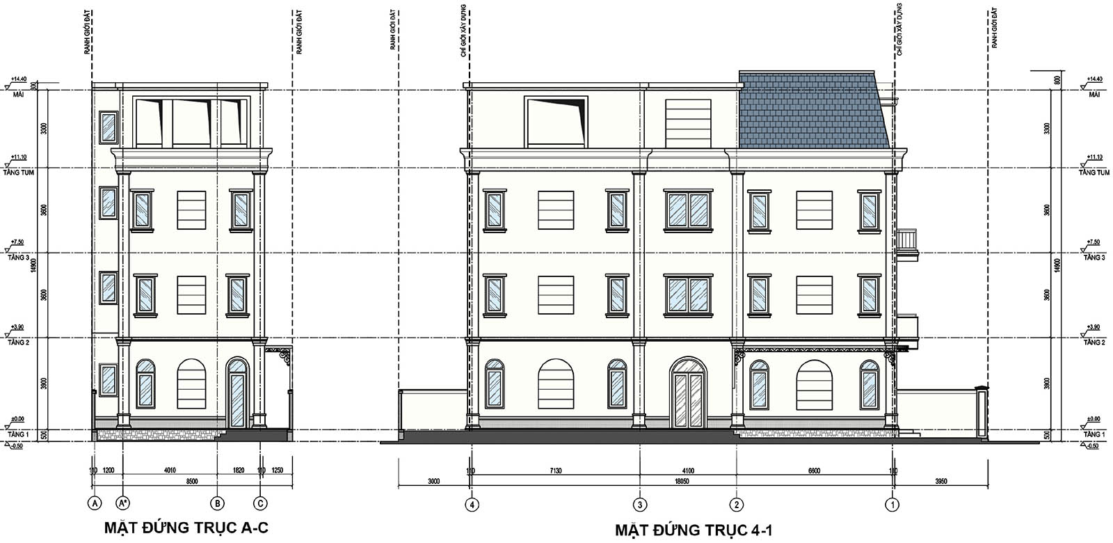 Mặt đứng trục A-C & 4-1 biệt thự khu B P03-L05