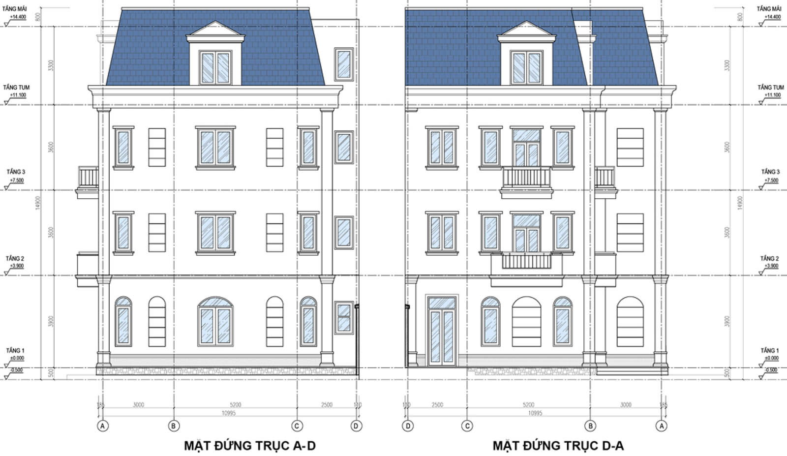 Mặt đứng trục A-D & D-A biệt thự khu B Q04-L01