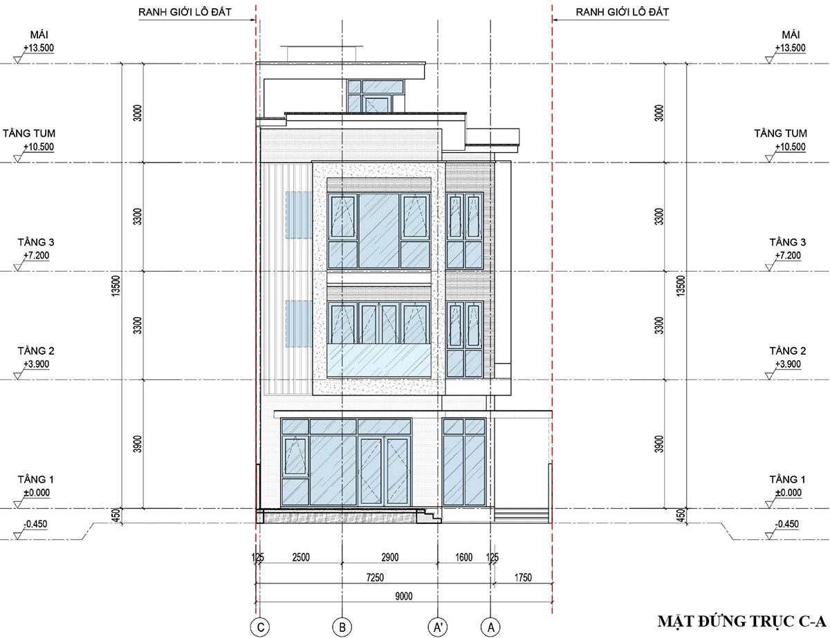 Mặt đứng trục C-A biệt thự F07-L27 (SL-6.3) An Quý Villa