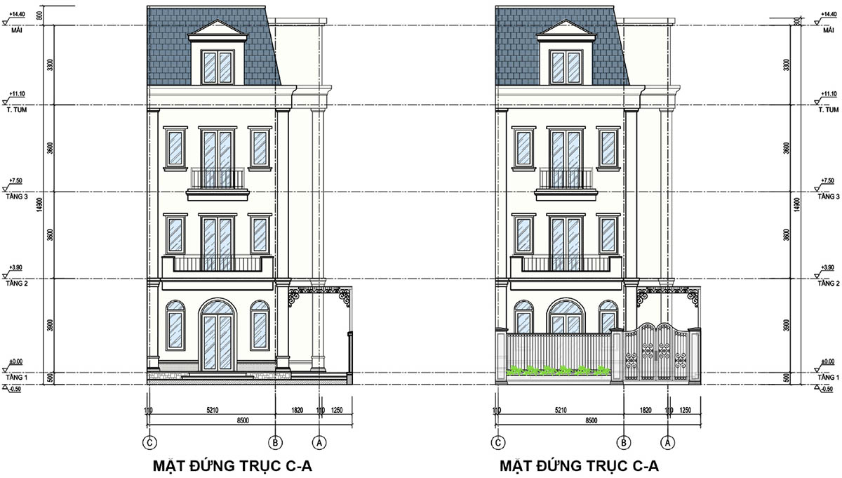Mặt đứng trục C-A biệt thự khu B S01-L27