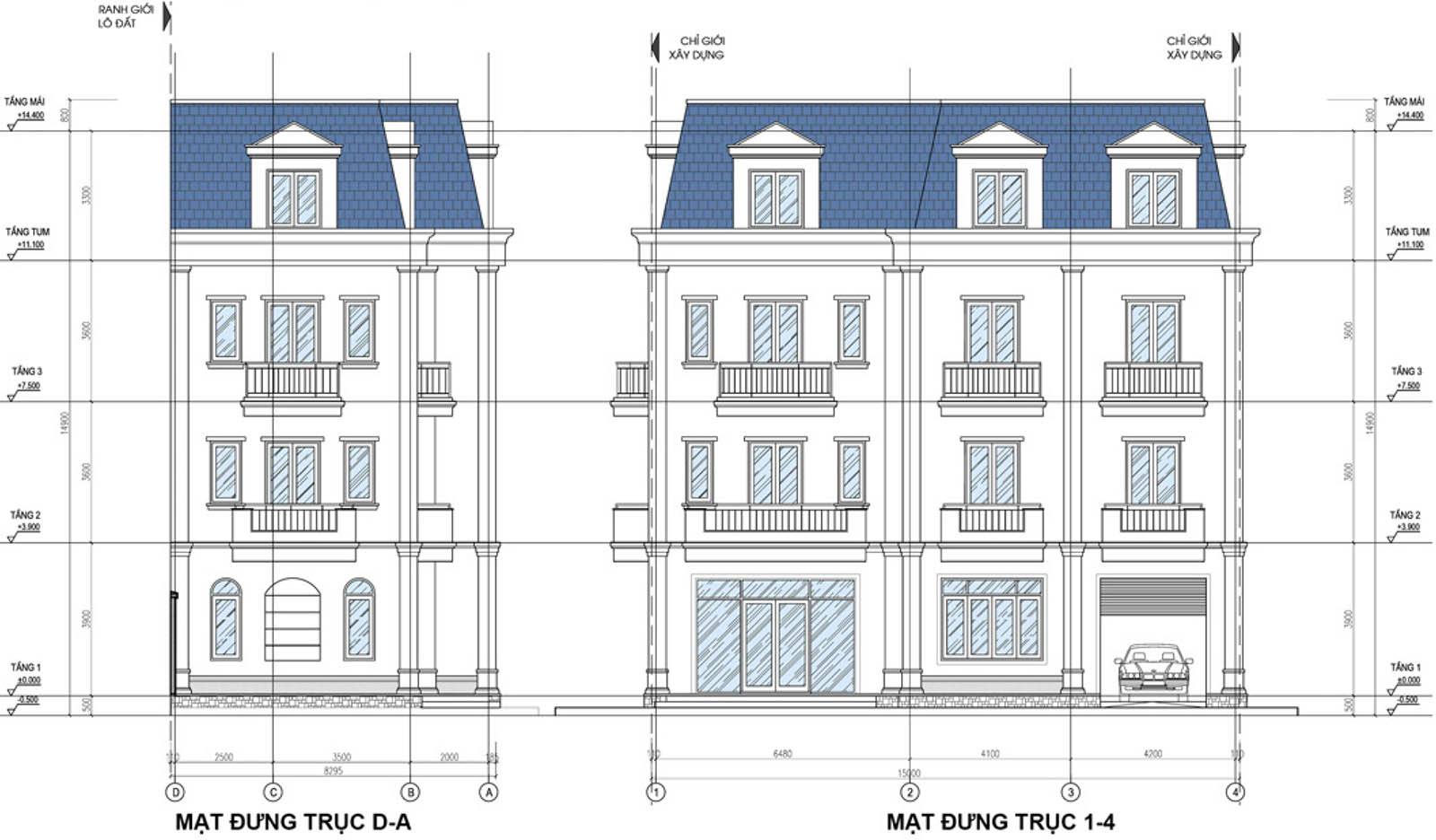 Mặt đứng trục D-A & 1-4 biệt thự khu B Q03-L01