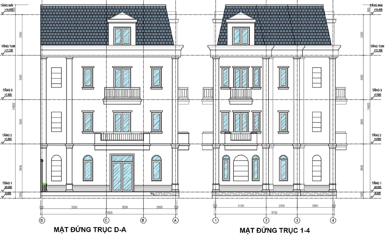 Mặt đứng trục D-A & 1-4 biệt thự khu B R03-L01