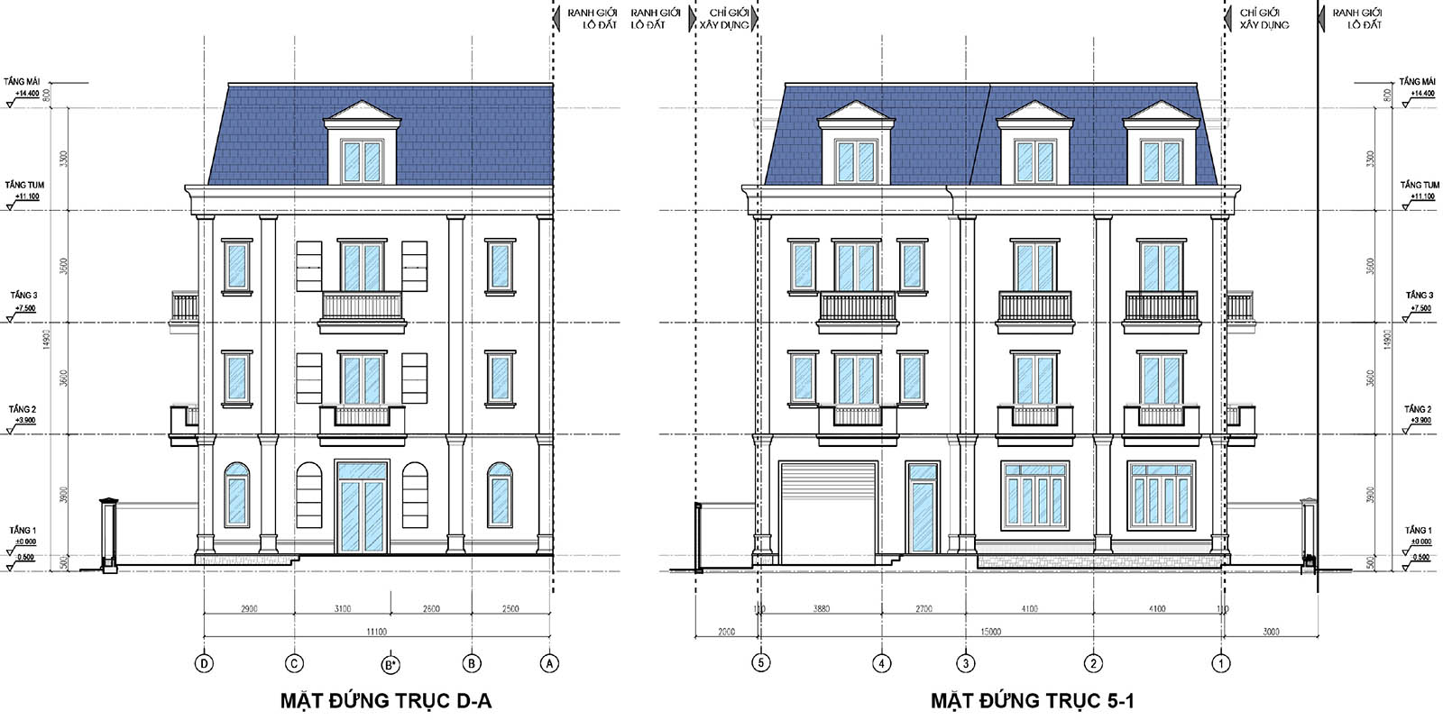 Mặt đứng trục D-A & 5-1 biệt thự khu B P01-L14
