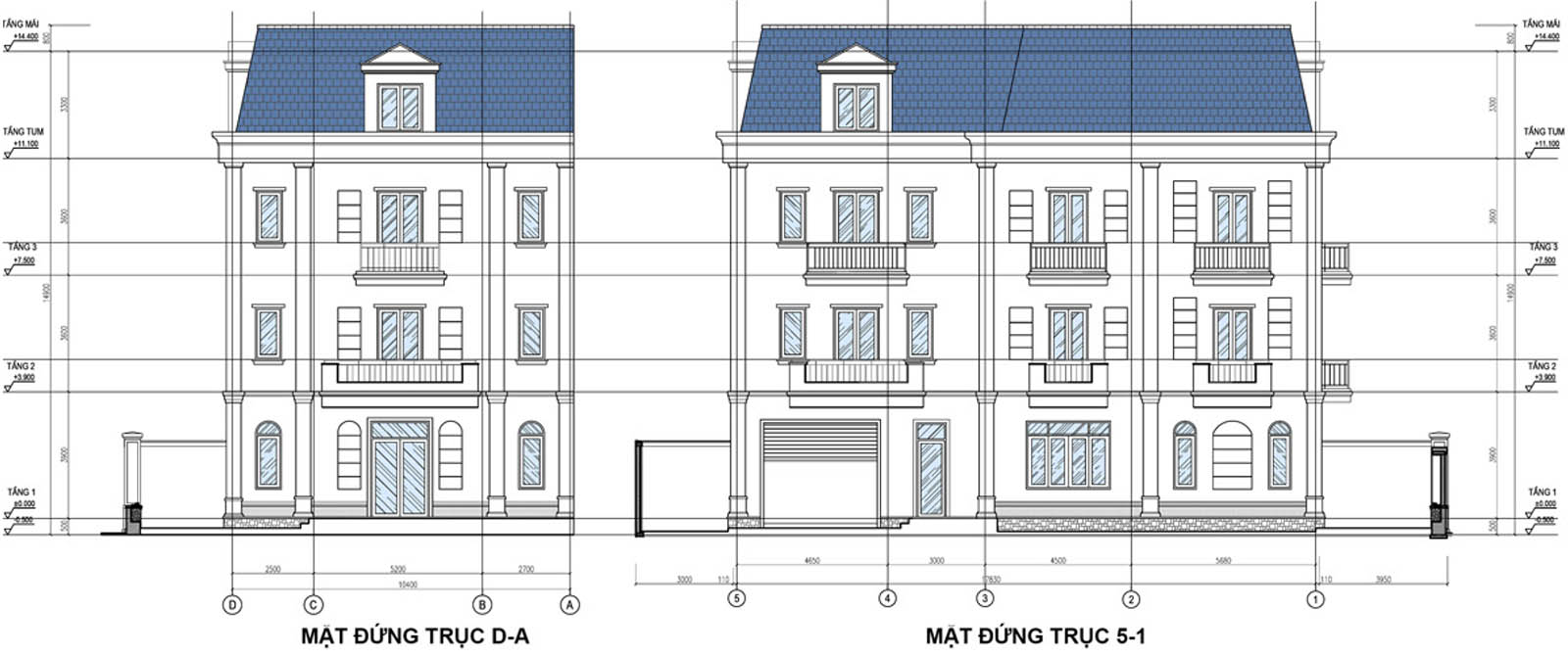 Mặt đứng trục D-A & 5-1 biệt thự khu B Q01-L17