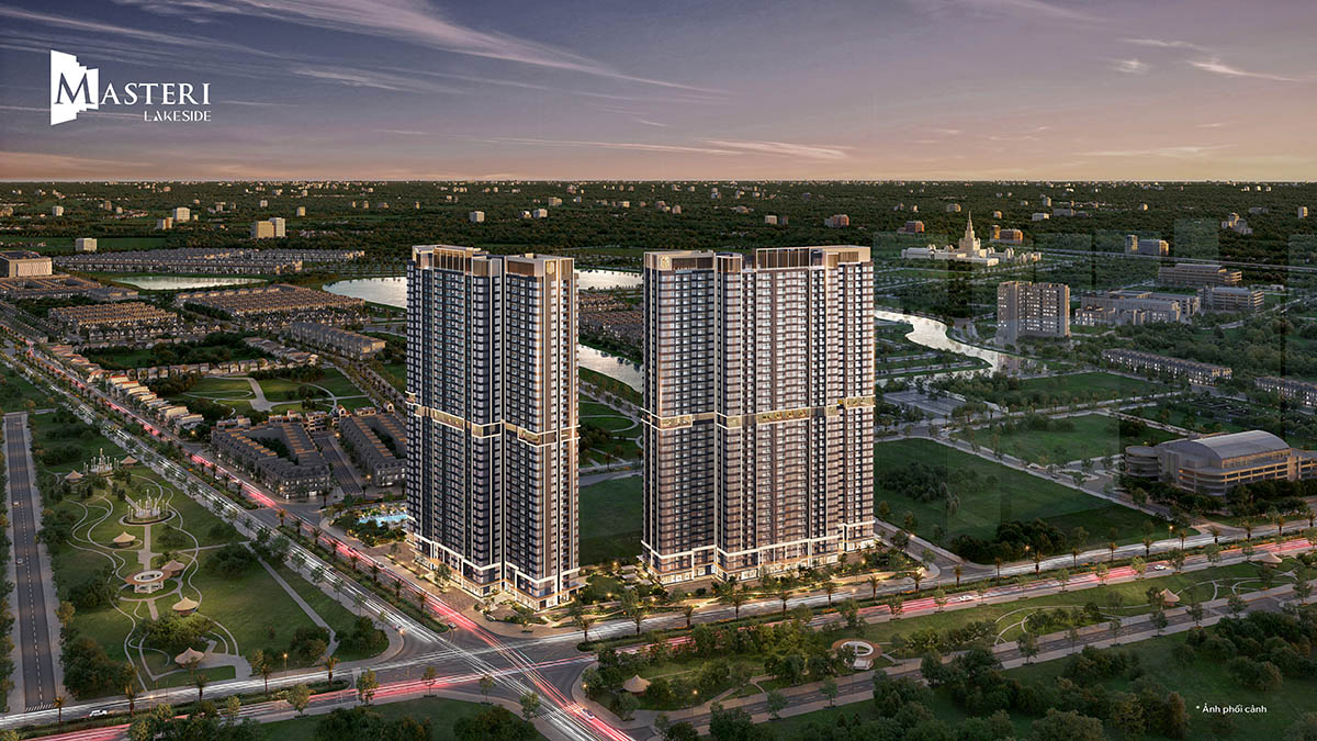 Toàn cảnh Masteri Lakeside về đêm (nhìn từ điểm giao đường Đại Tây Dương và Lý Thánh Tông)